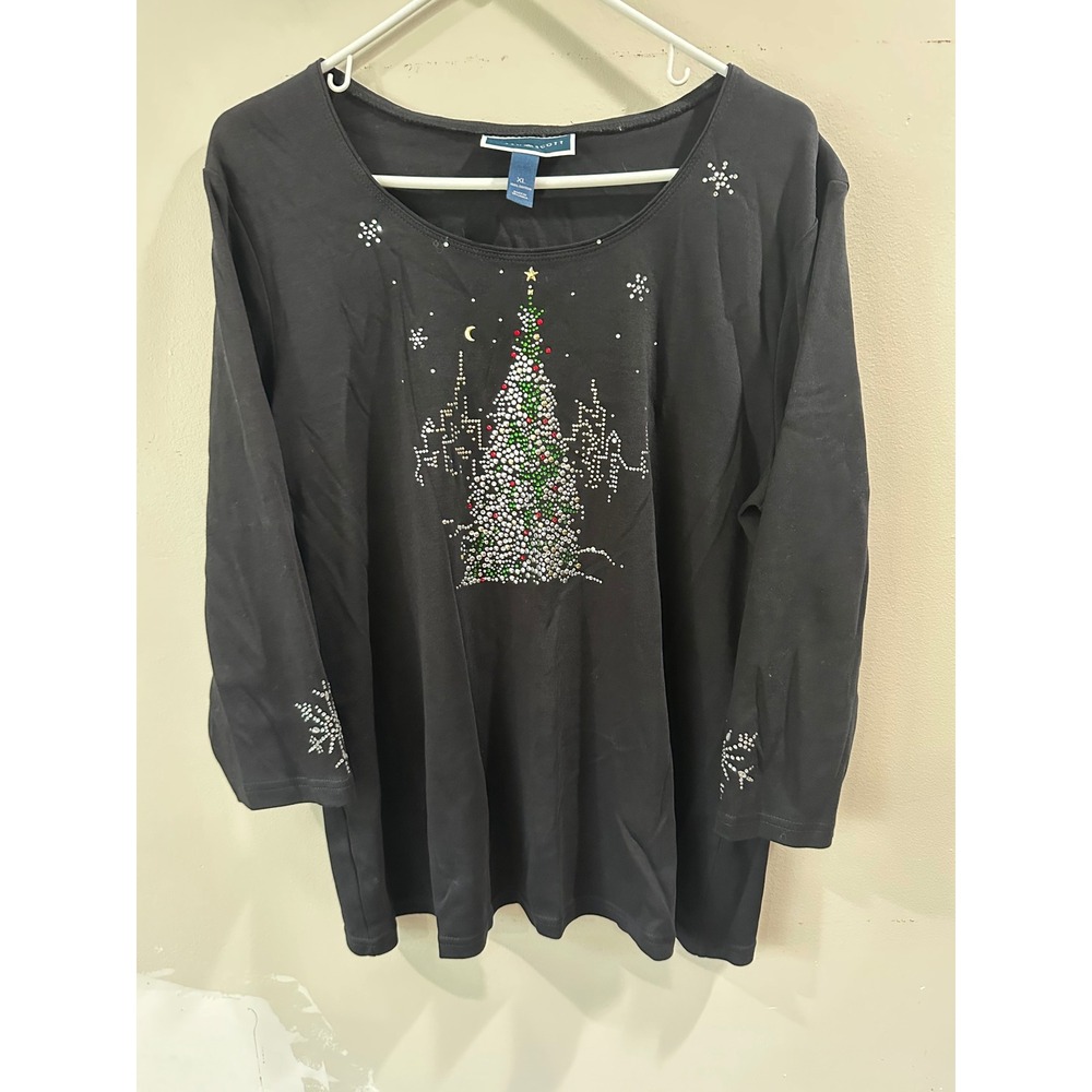 Karen Scott Womens XL Black Rhinestone Christmas Tree Skyline Long Sleeve Shirt
